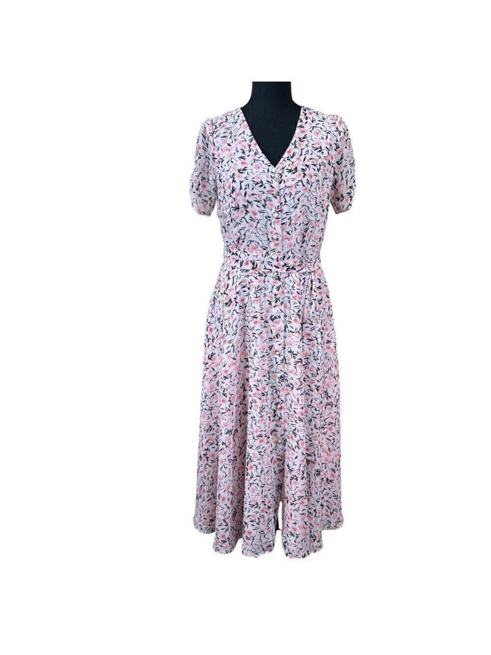 Talbots Pink Green Floral Cottagecore Short Sleeve Button-Up Dress Size 4